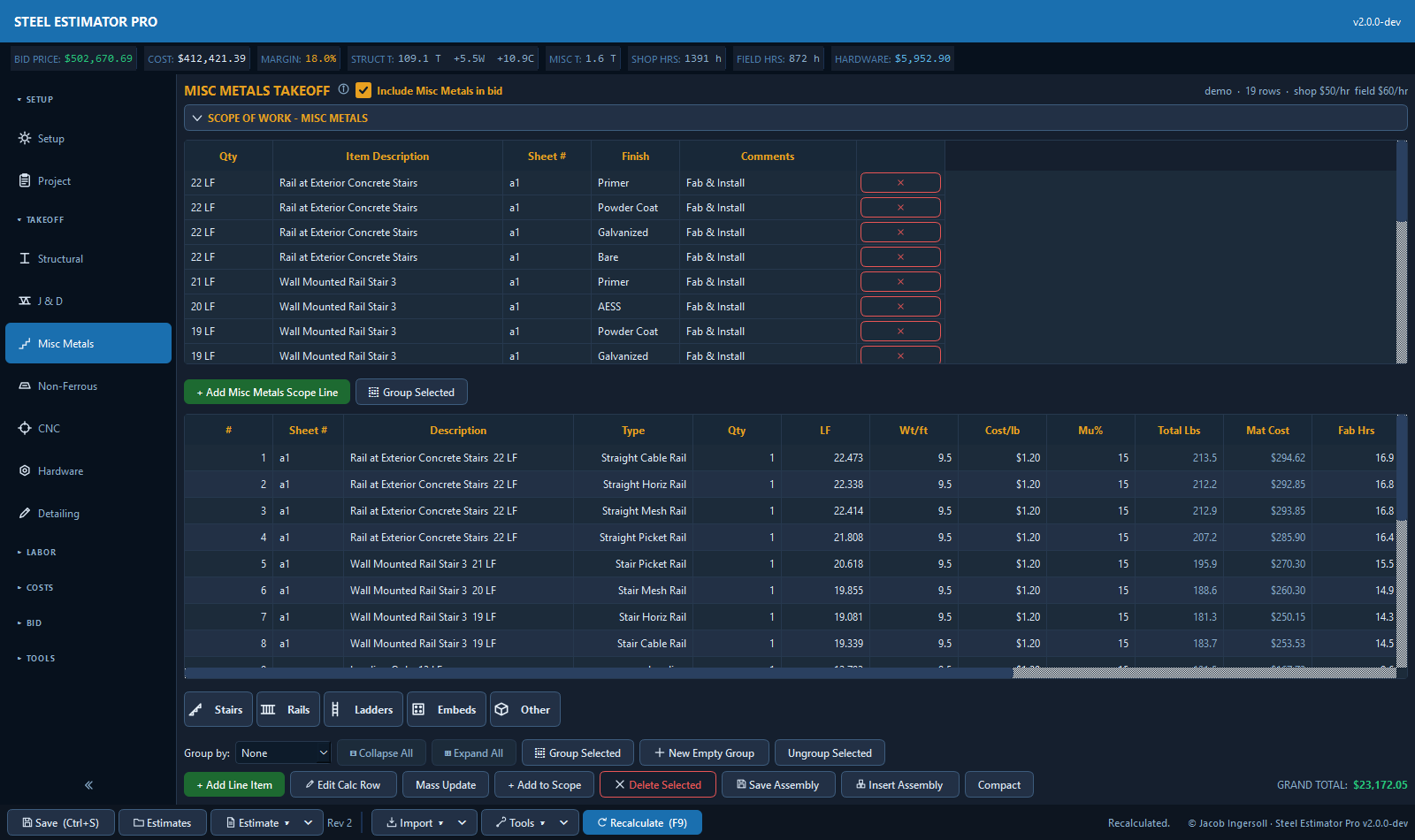 Steel Estimator Pro Misc Metals tab with parametric calculators and priced line items